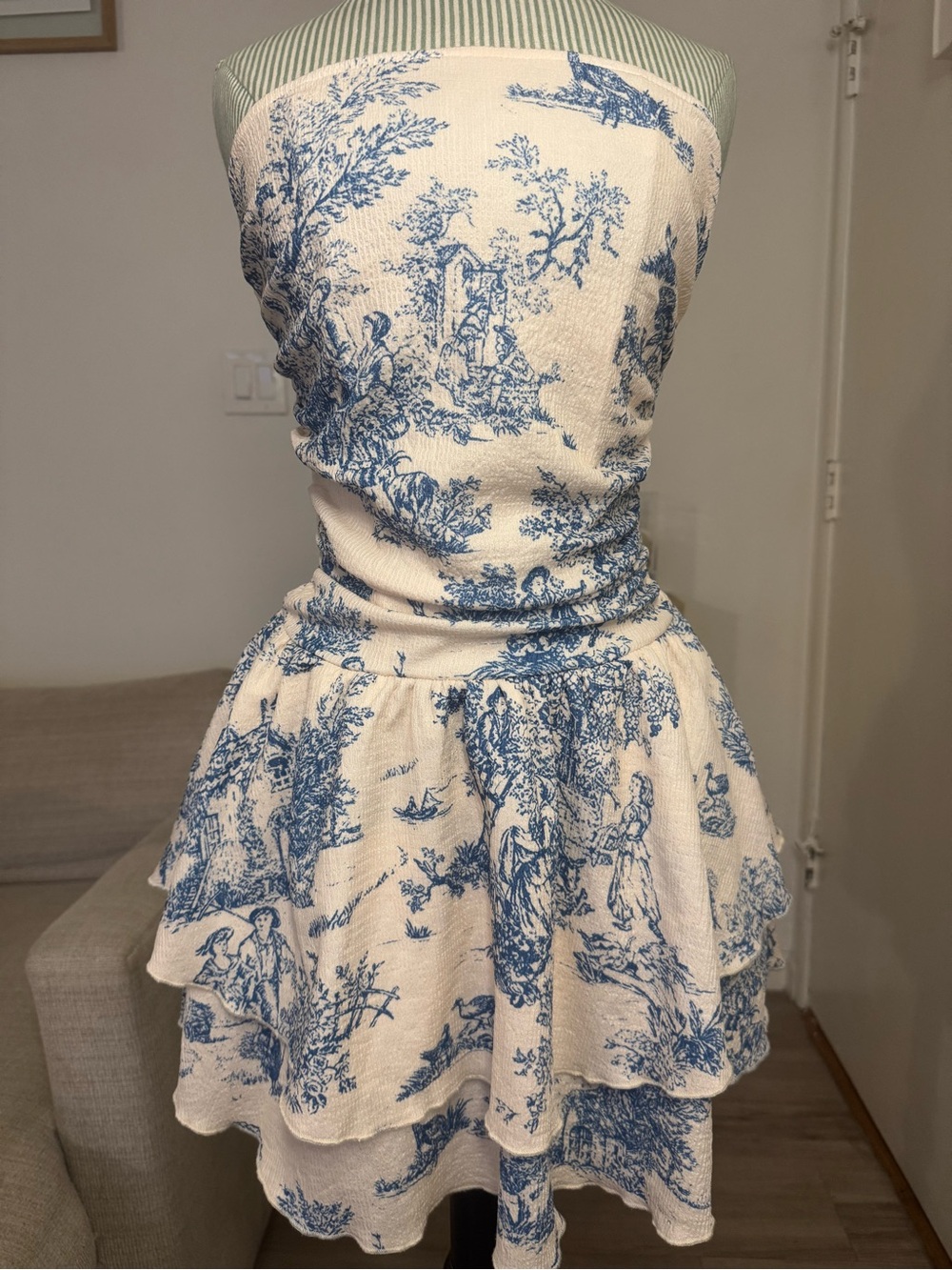Cider Blue & Cream Strapless Toile Tiered Dressx